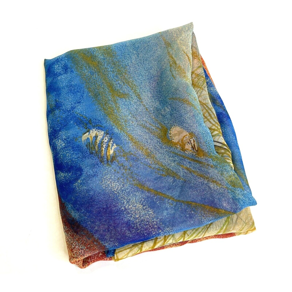 Vintage Scarf SHELLS Nautical Beach Labels removed 60x42 Blue Red Tan Soft Silky